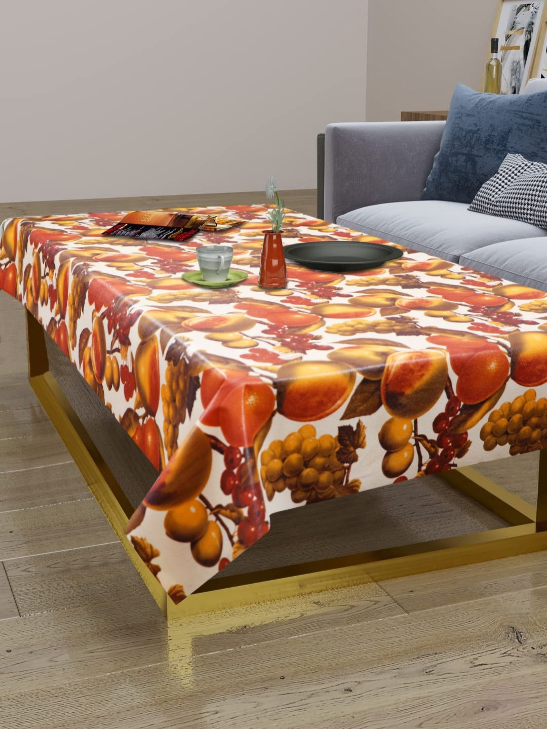 LooMantha Brown & White Fruits Printed Waterproof 2-Seater Table Cover