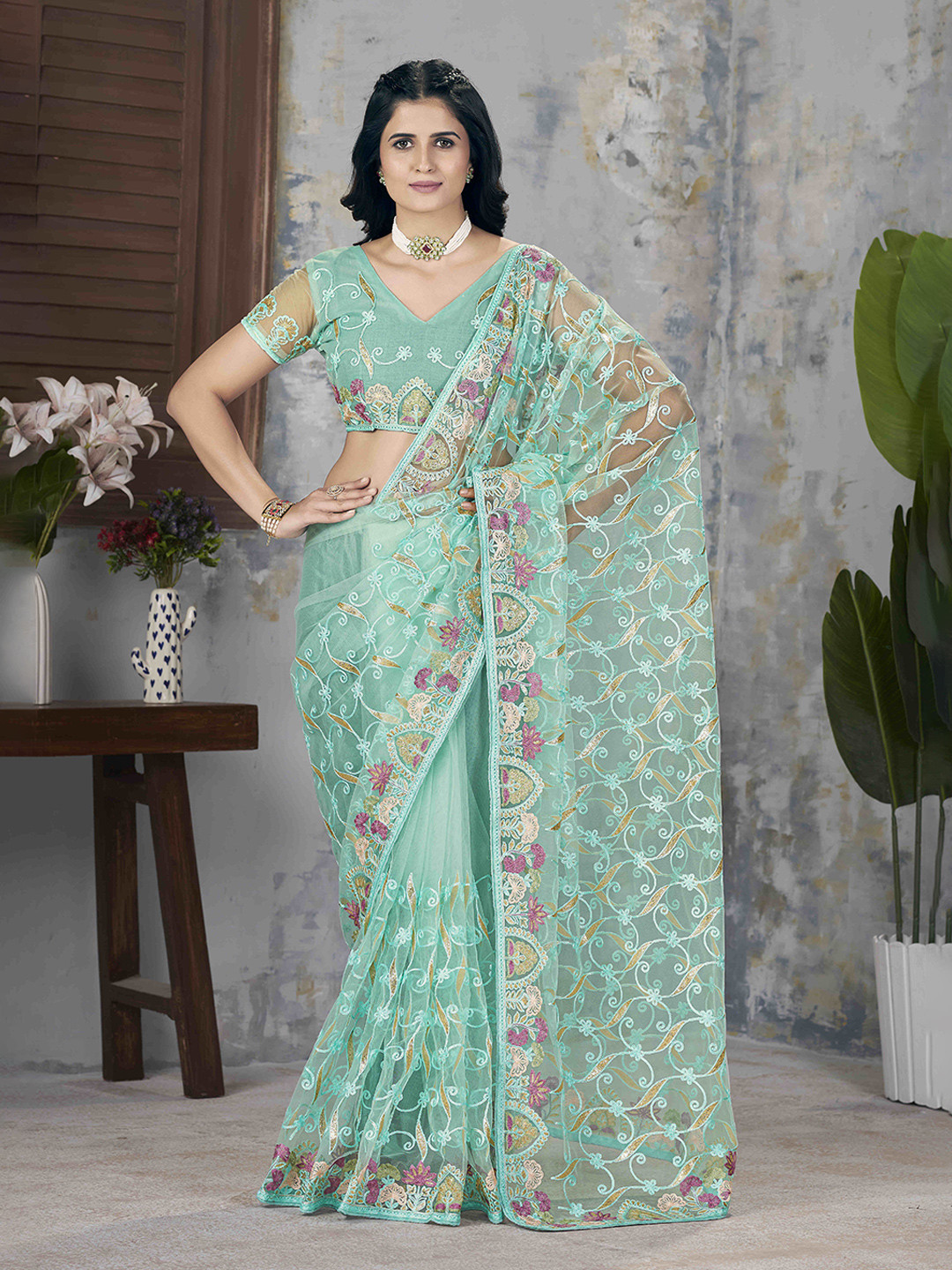 Munir Floral Embroidered Designer Saree