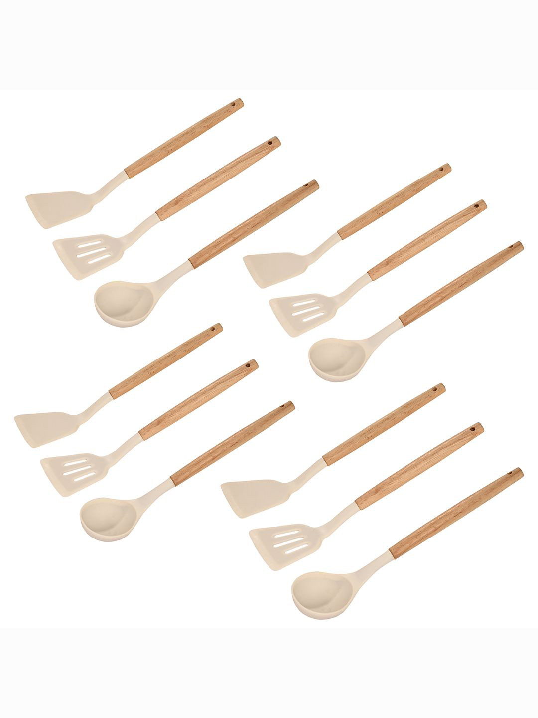 Kuber Industries White & beige 12 Pieces Silicone Nonstick Spatula Set With Wooden Handle
