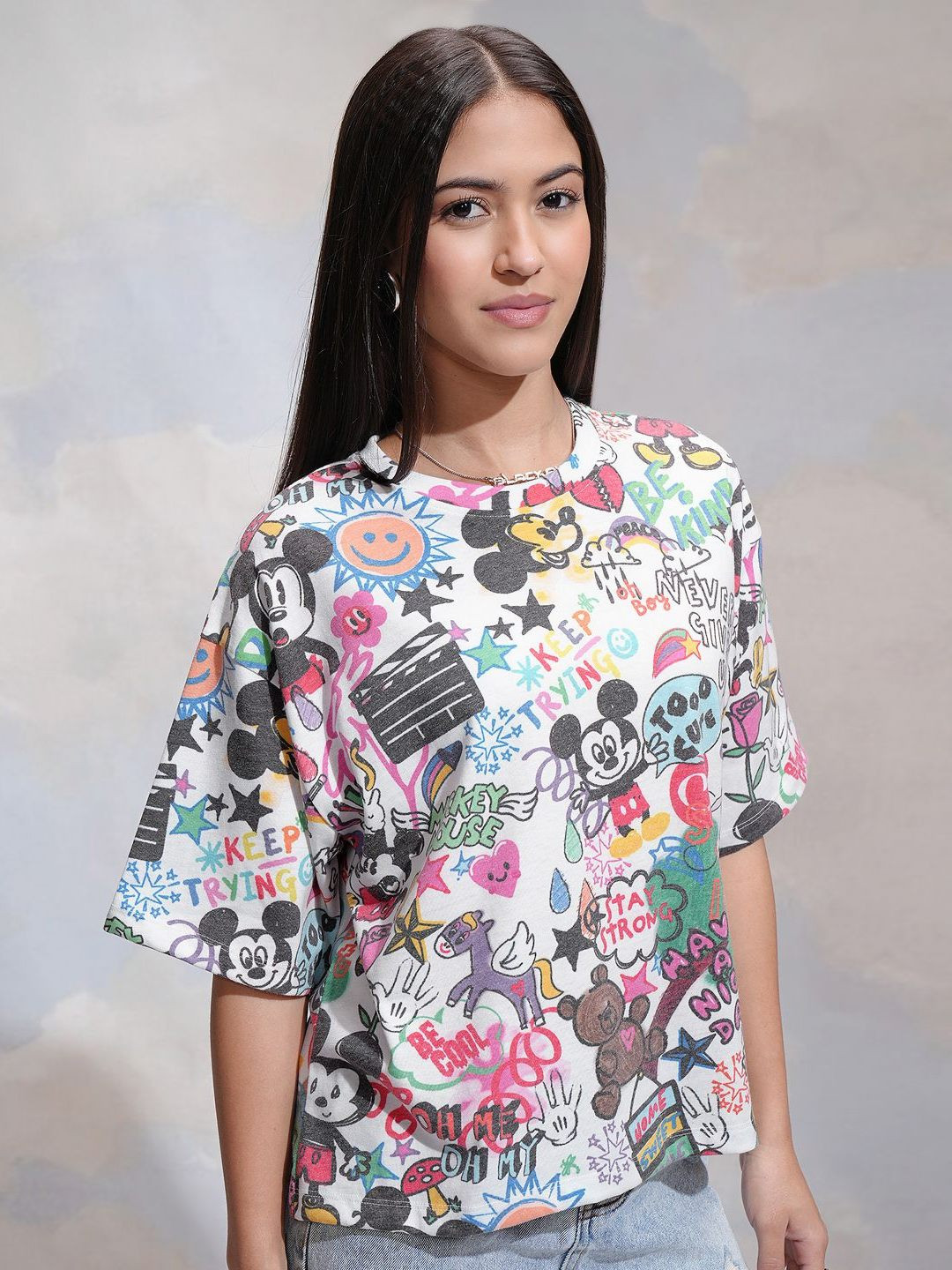 Tokyo Talkies Disney Mickey Mouse Printed Women White Relaxed Fit Tshirt
