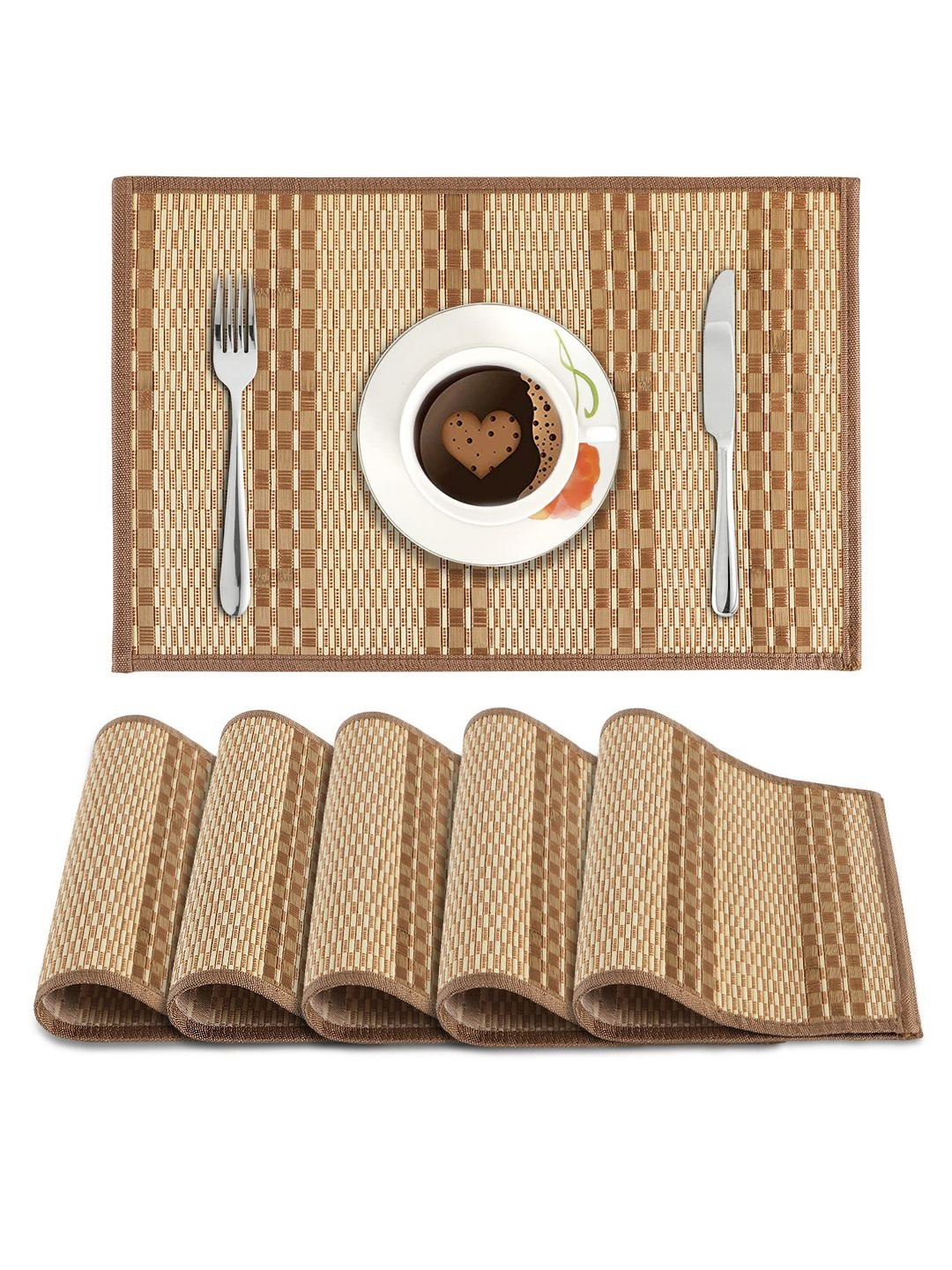 HOKIPO Burnt Orange 6 Pieces Striped Rectangle Bamboo Table Placemats