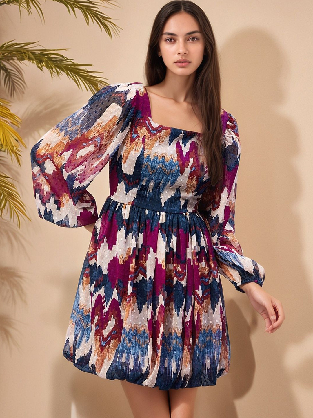 RARE Women Printed Puff Sleeve Chiffon Balloon Mini Dress