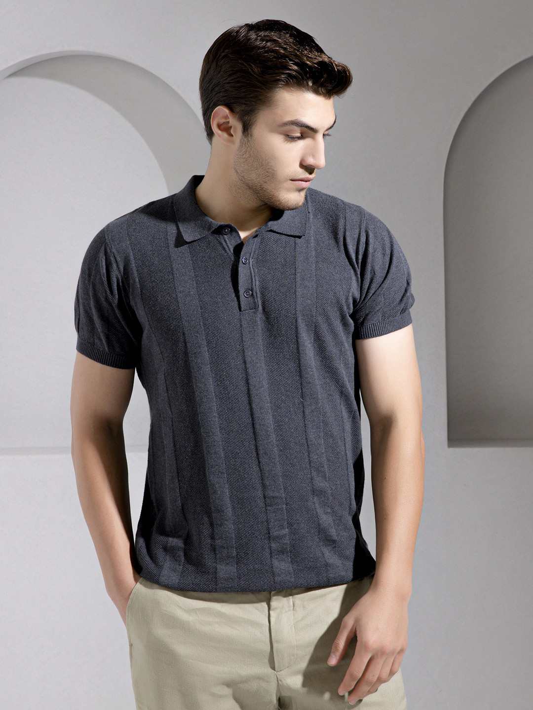 The Tie Hub Men Self Design Cotton Casual Polo T-shirt