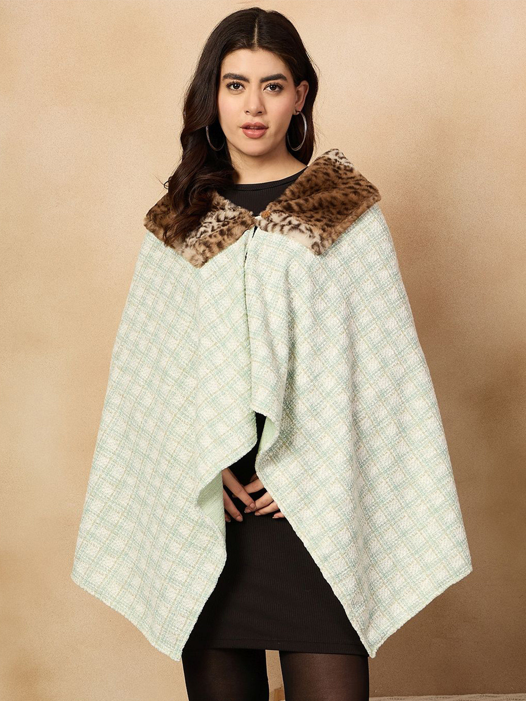 InWeave Women Checked Furry Acrylic Poncho