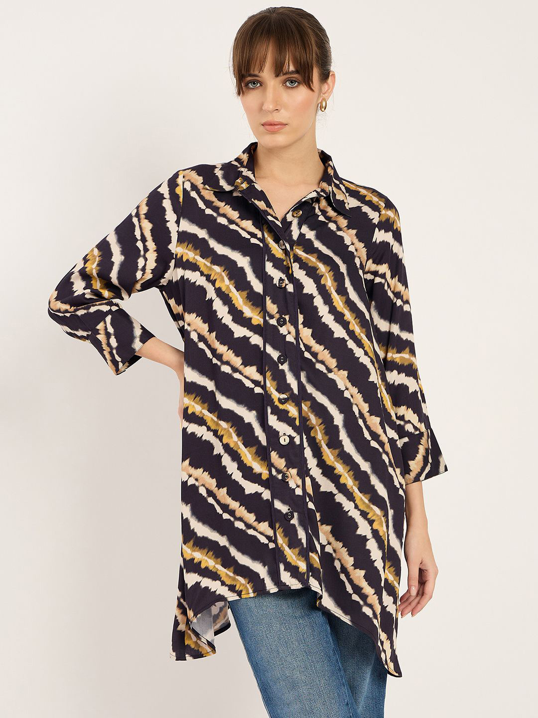 FEMMELLA Modal Shirt Collar Printed Tunic