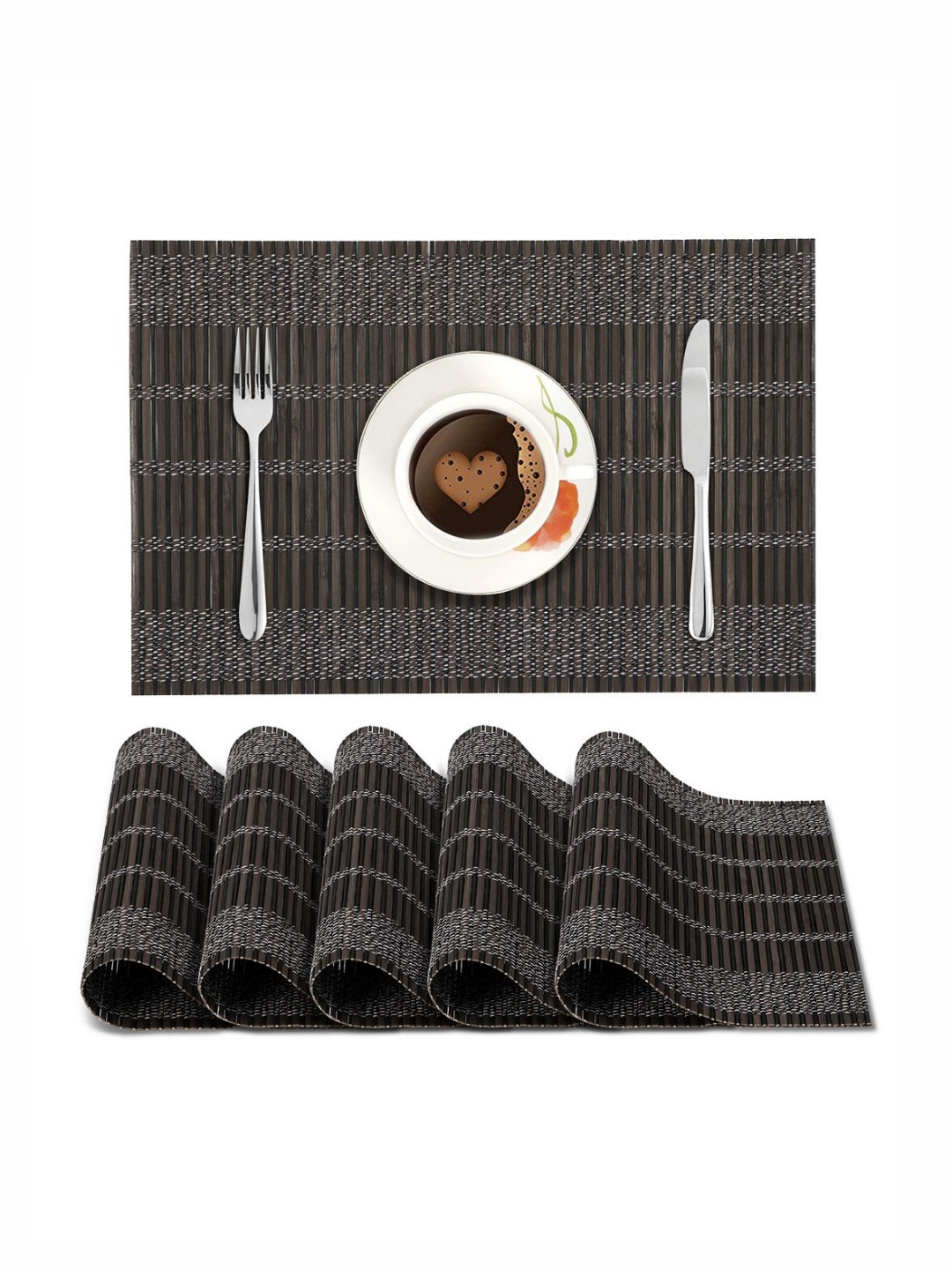 HOKIPO Set Of 6 Brown & White Textured Bamboo Table Placemats
