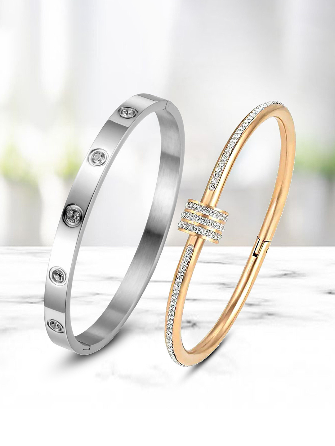 MEENAZ Set of 2 Silver and Rose Gold-Plated Anti Tarnish CZ- Stone Studded Kada Bracelets