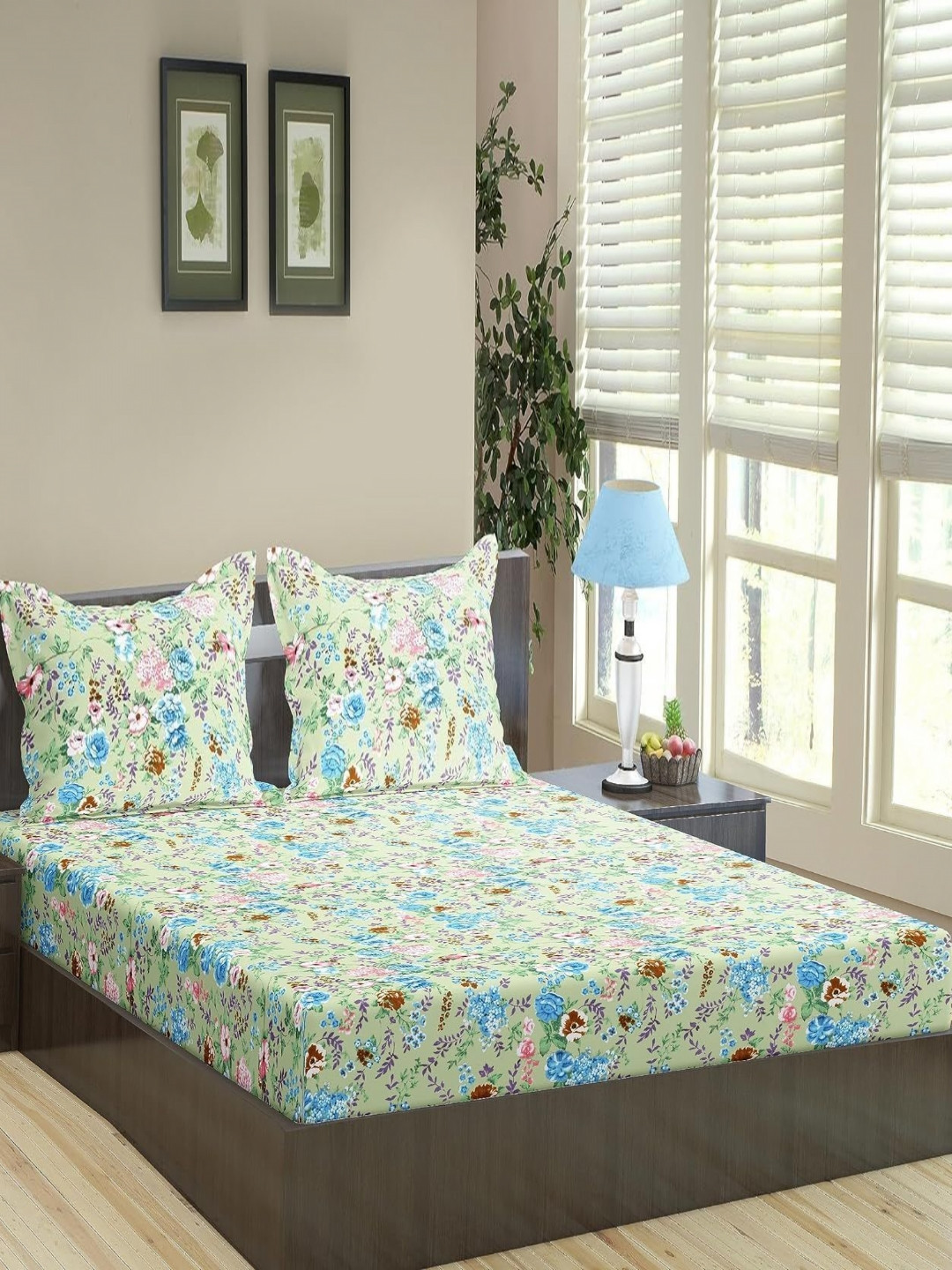 Trance Home Linen Vintage Woods Green Floral Cotton 180 TC Double Fine Bedsheet with a Pillow Cover-60 x 100 inches