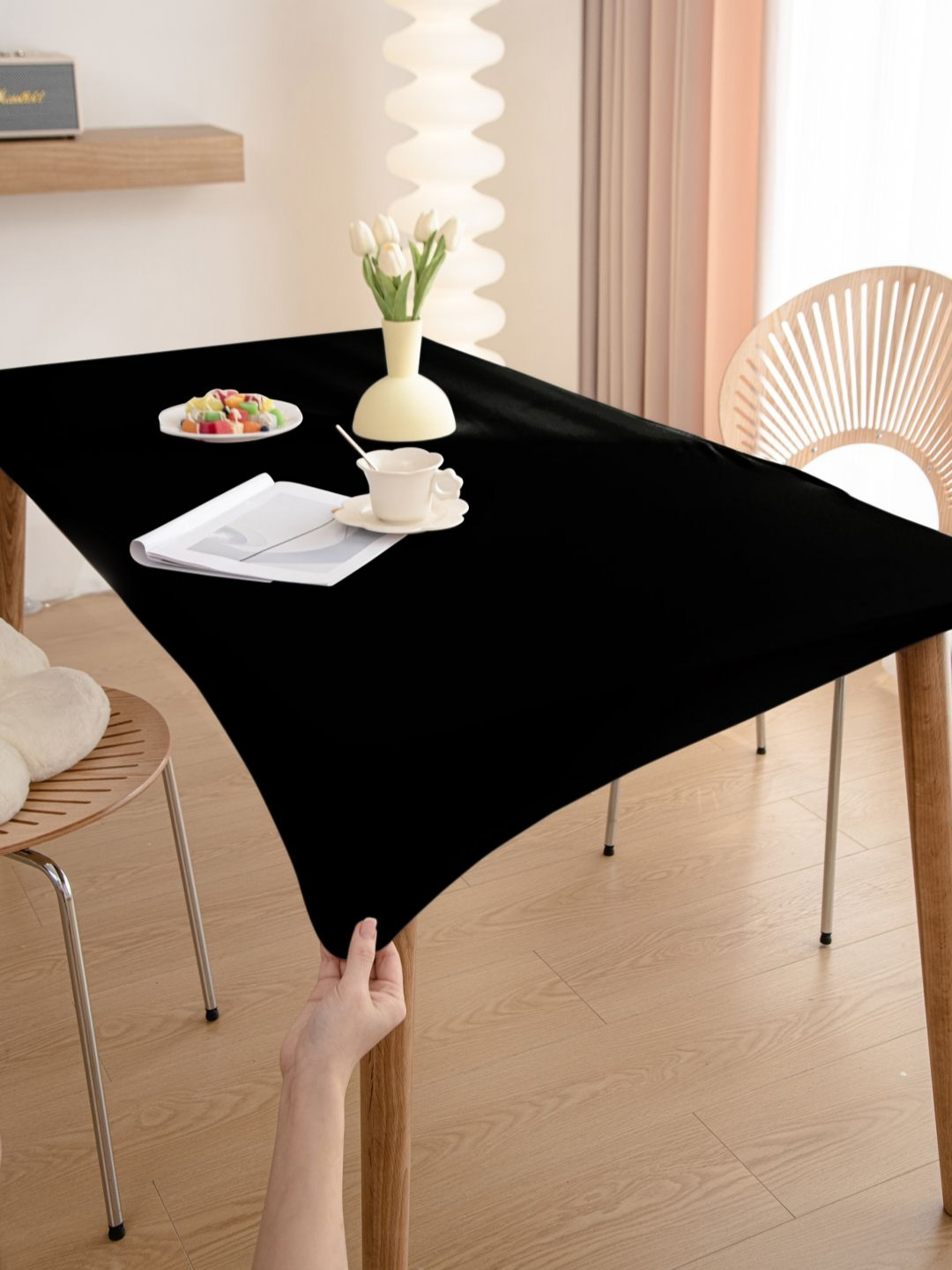 HOKIPO Black Waterproof Non-Slip Stretch Fit 6-Seater Rectangle Table Cover