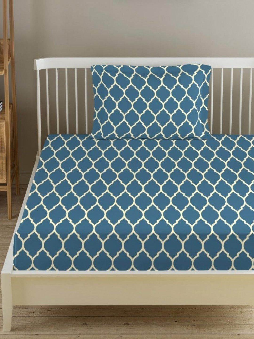 Trance Home Linen Blue Geometric Cotton 200 TC Single Fine Bedsheet with a Pillow Cover-152 x 254 cm