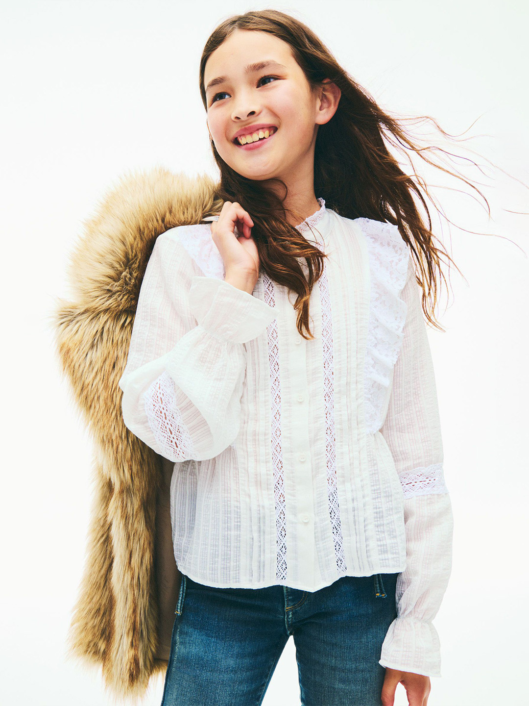 H&M Girls Frill-Trimmed Lace-Inset Blouse