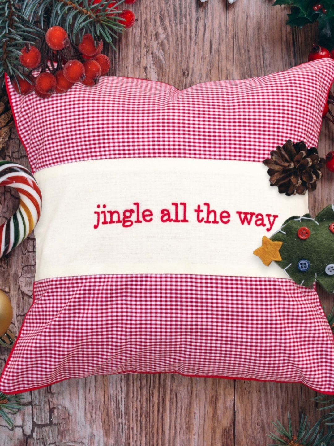 BandBox Jingle All The Way Checked Cotton Embroidered Cushion Cover - 16x16In