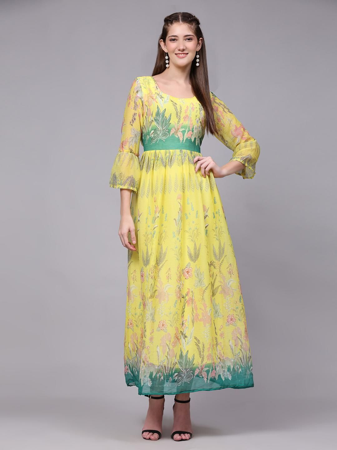 VenderVilla Floral Print Flutter Sleeve Chiffon Maxi Dress