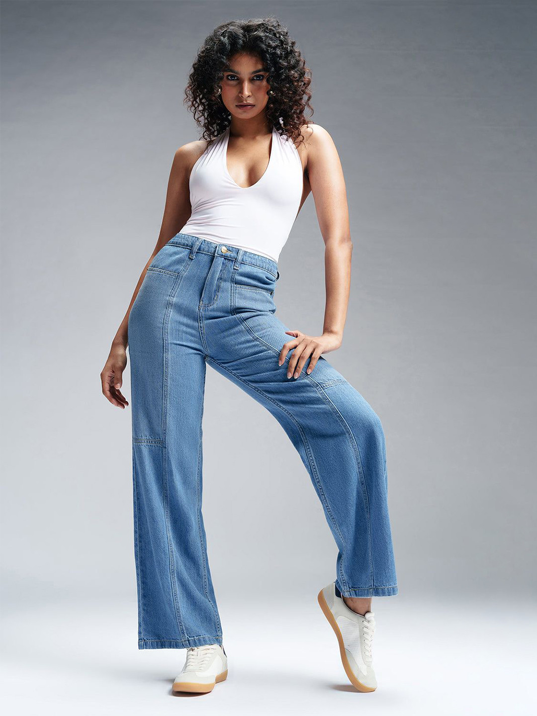 FREAKINS Women Cadet Blue Constructed Denim Korean Pants