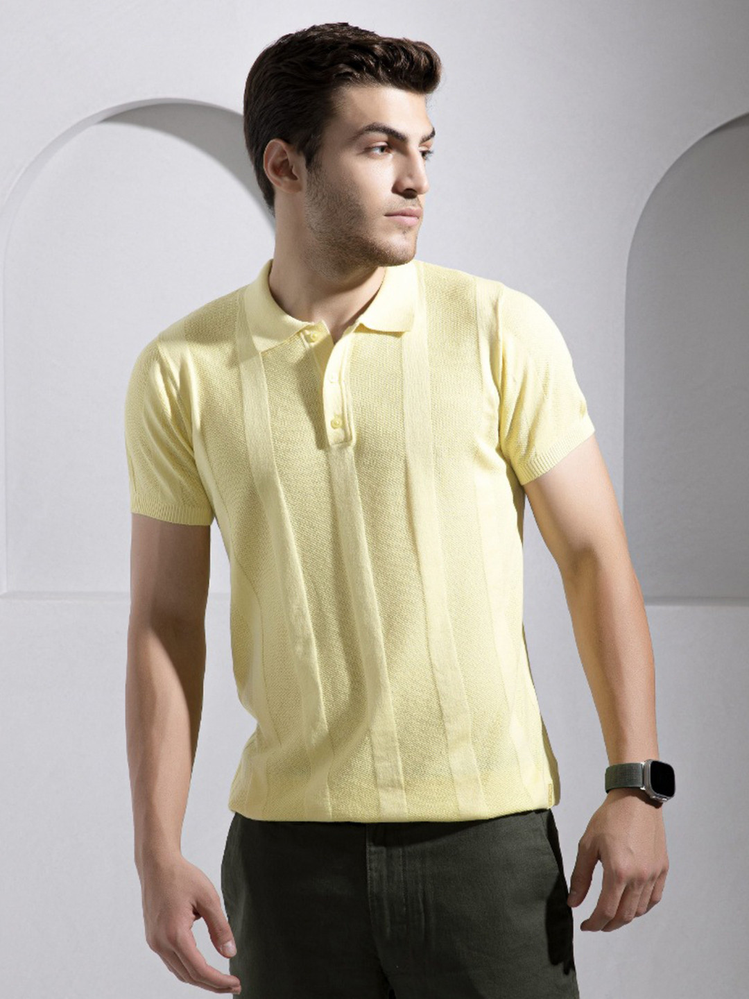 The Tie Hub Men Self Design Cotton Polo T-shirt