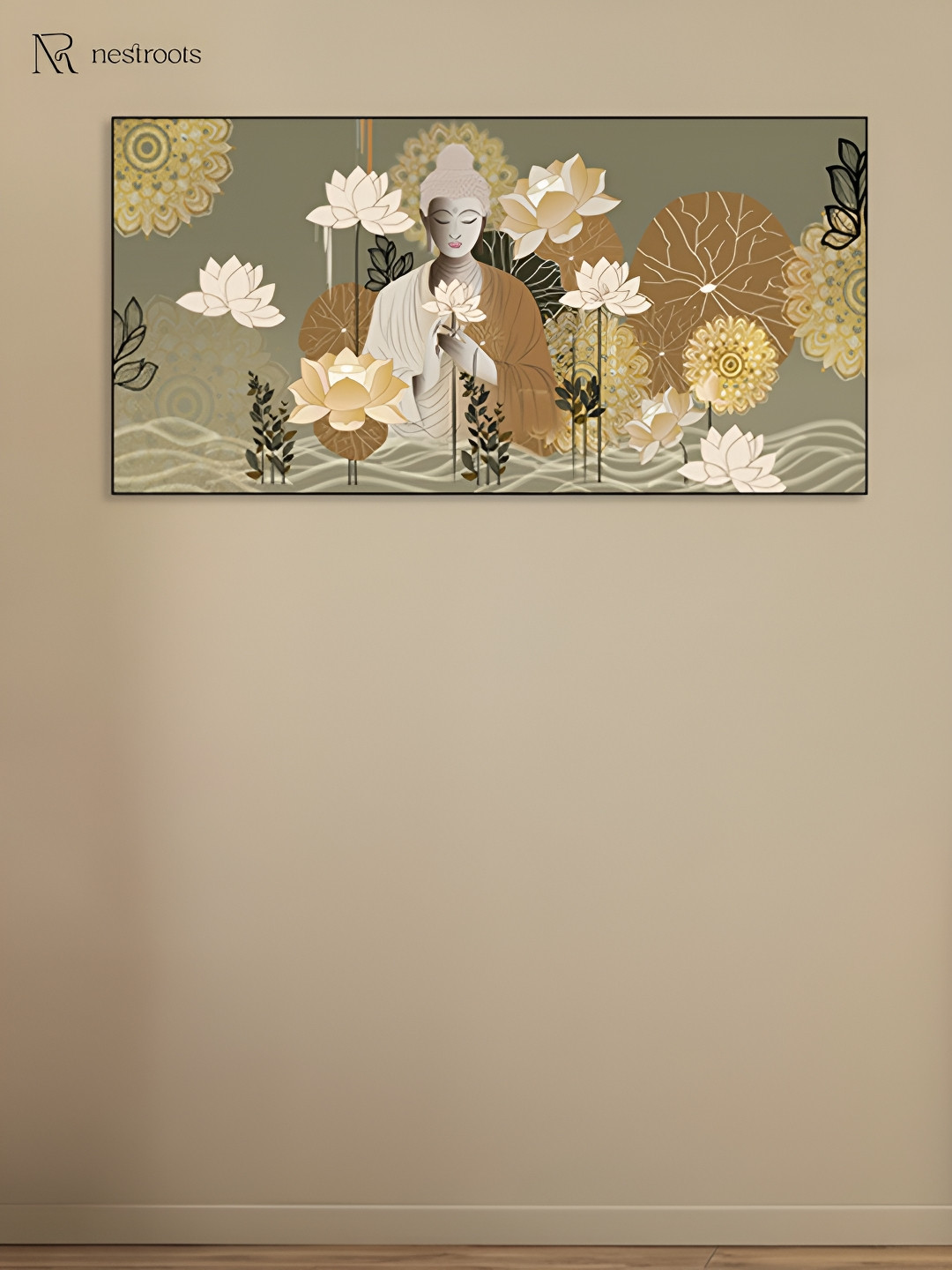 nestroots Green & Brown Serene Depiction Of Buddha Canvas Painting Wall Art
