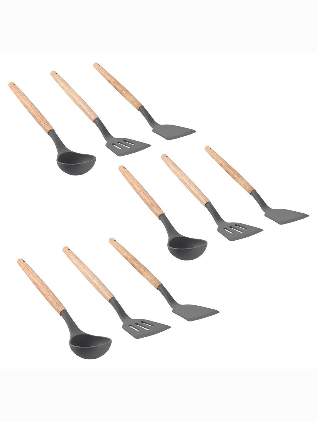 Kuber Industries Grey & Beige 9 Pieces Silicone Nonstick Spatula Set With Wooden Handle