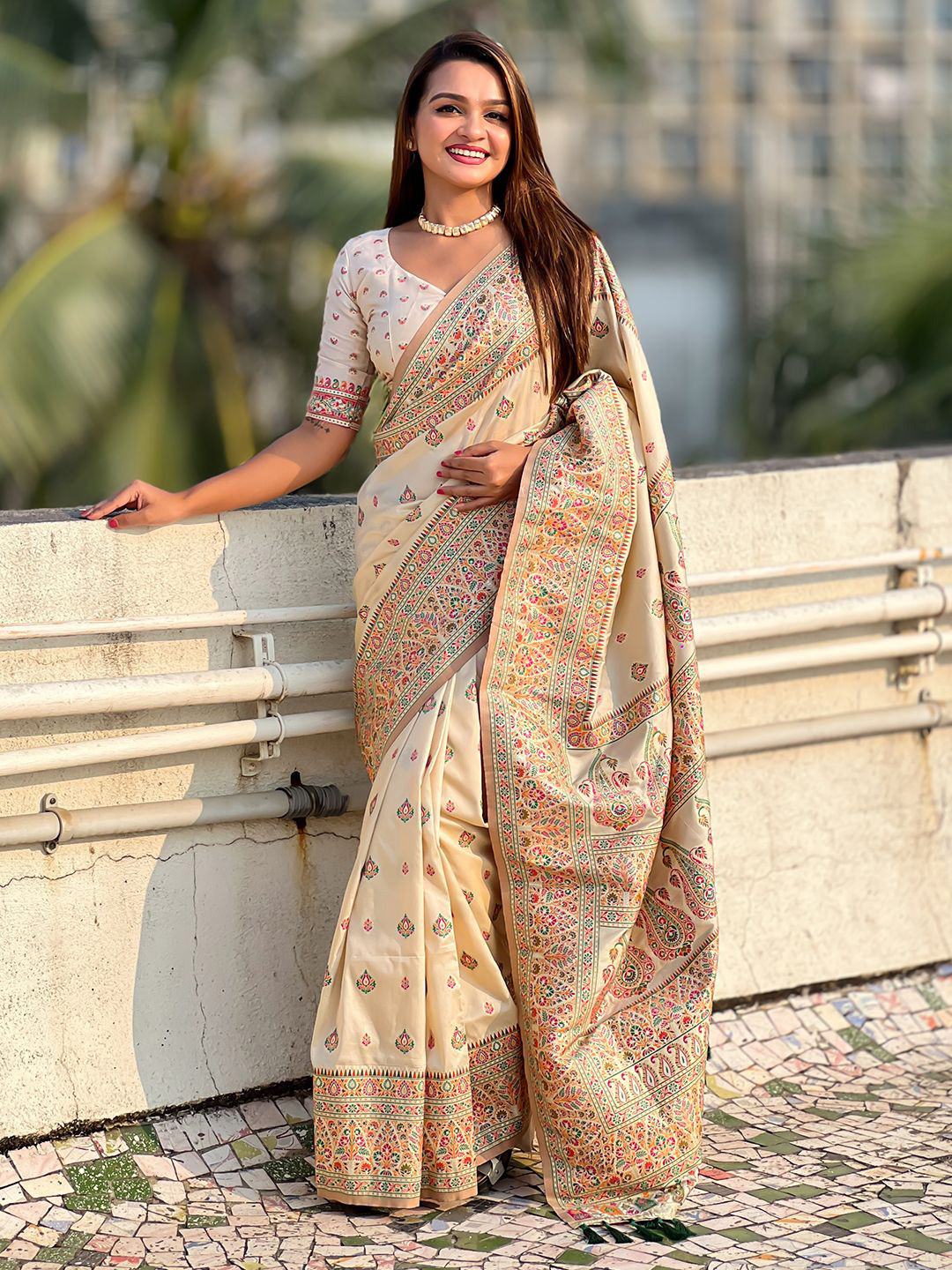 Panzora Woven Design Kashmiri Work Pashmina Saree