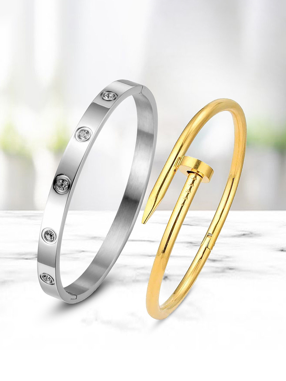 MEENAZ Set of 2 Silver and Gold-Plated Anti Tarnish  CZ-Studded Kada Bracelets
