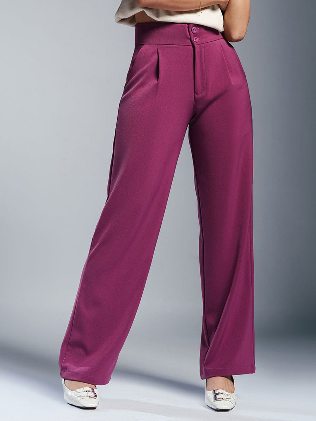 FREAKINS Berry Bliss Pleated Double Button Korean Pants
