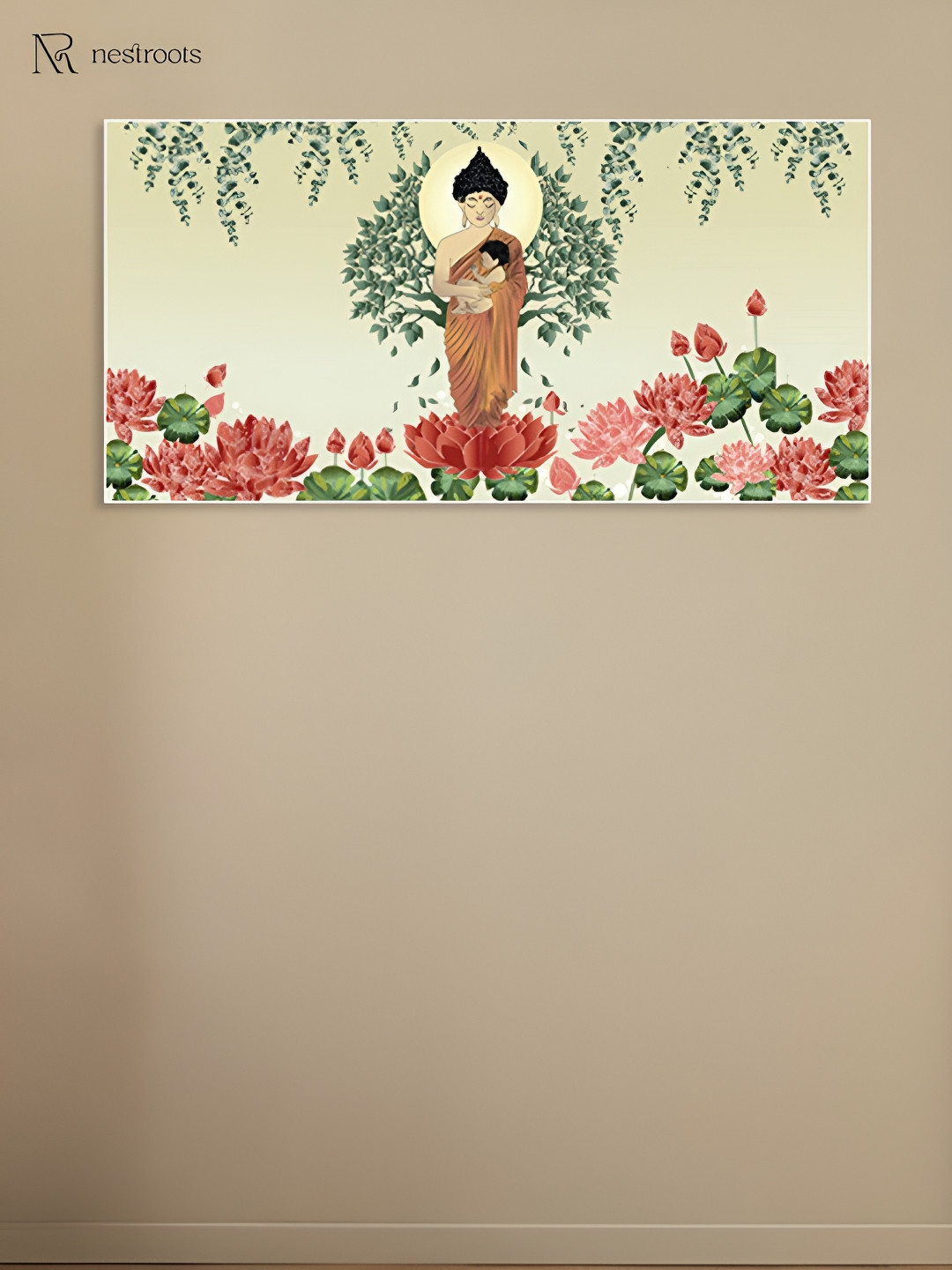nestroots Beige & Green Buddha Symbolized Naturing Canvas Painting Wall Art