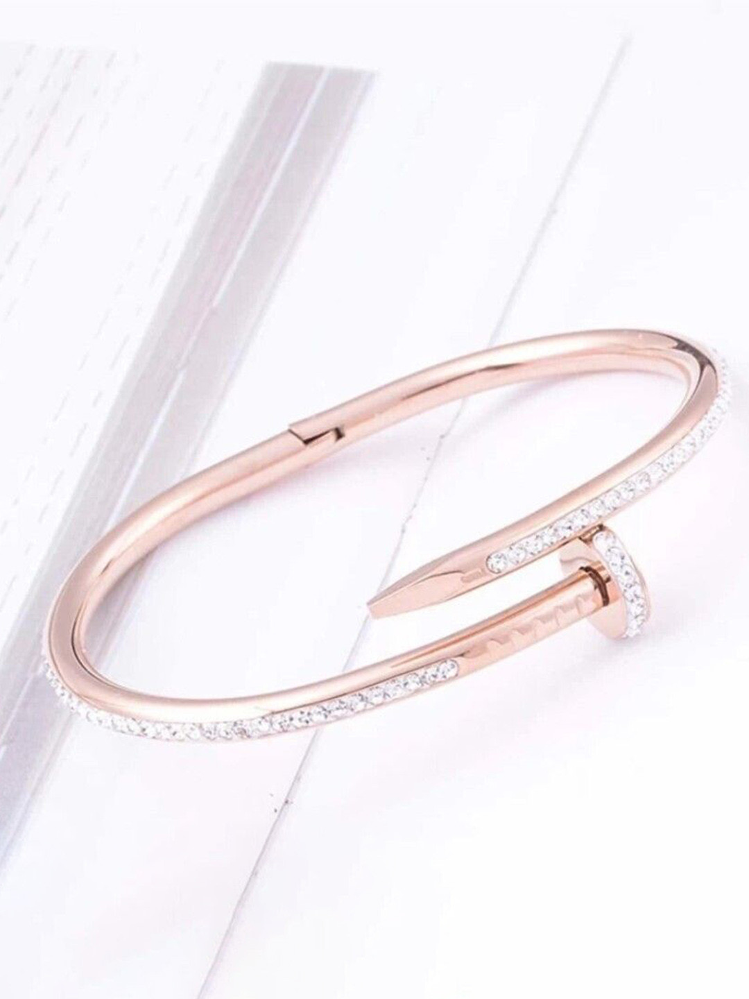 V FASHION JEWELLERY Rose Gold-Plated AD Studded Nail Kada Bracelet