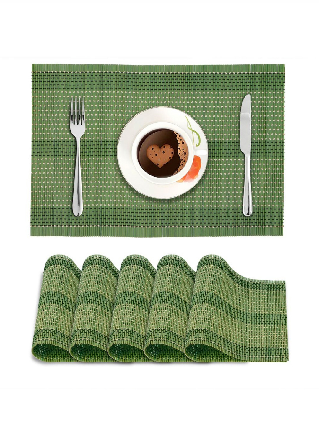 HOKIPO Green & White 6 Pieces Striped Reversible Bamboo Dining Table Placemats