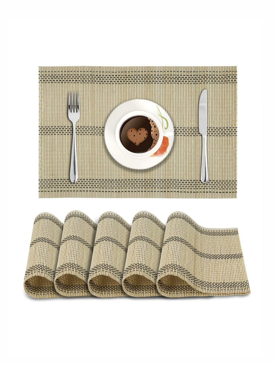 HOKIPO Set of 6 Cream-Colored & Black Striped Heat Resistant Bamboo Table Placemats