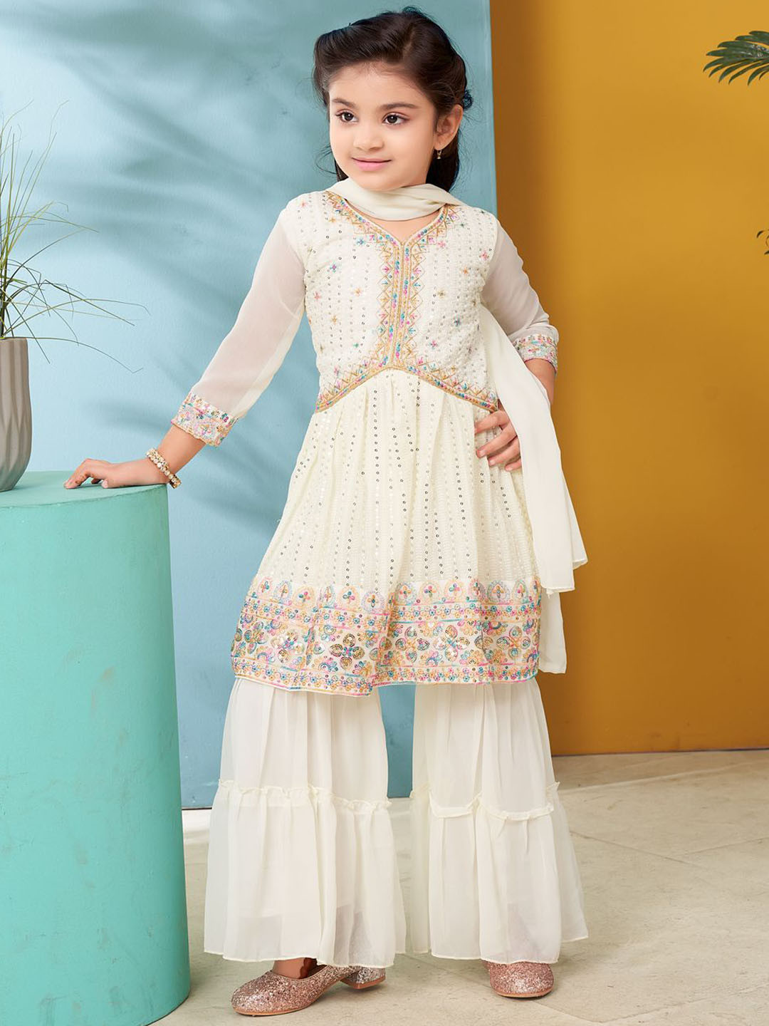 Sangria Girls Cream Floral Embroidered Anarkali Georgette Kurta With Sharara & Dupatta