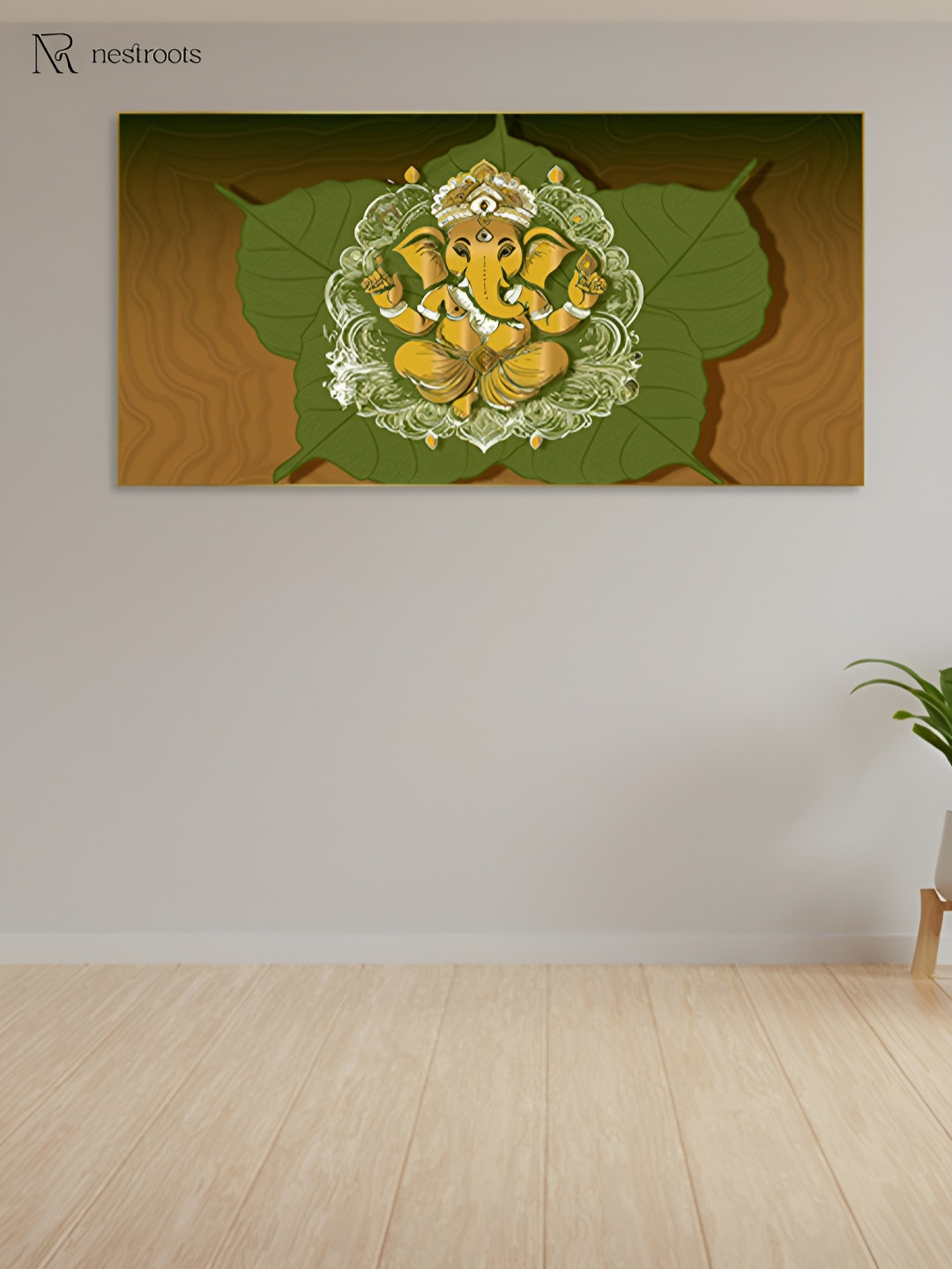 nestroots Brown & Mustard Yellow Divine Ganesha on Peepal Leaf Canvas Painting Wall Art