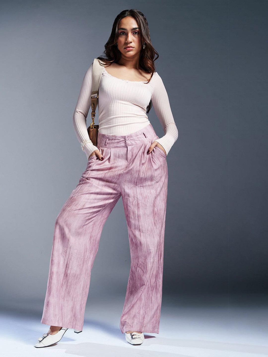 FREAKINS Tranquil Pink Sheer Double Button Korean Pants