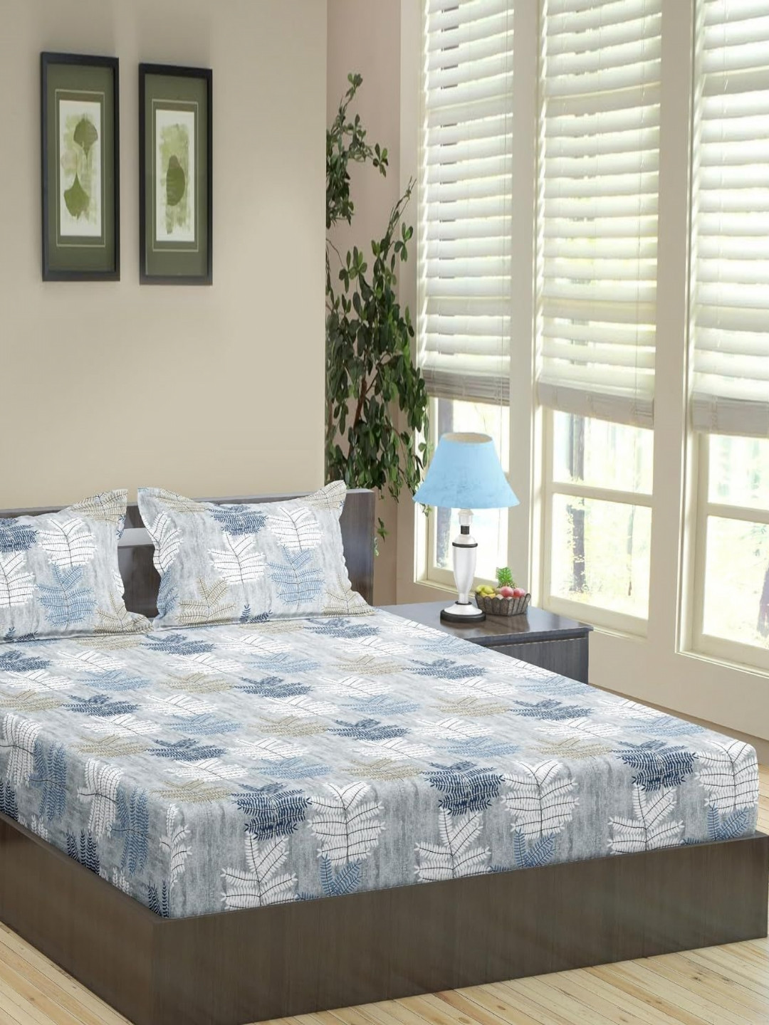 Trance Home Linen Blue Leaf Cotton 180 TC Double Fine Bedsheet with a Pillow Cover-60 x 100 inches