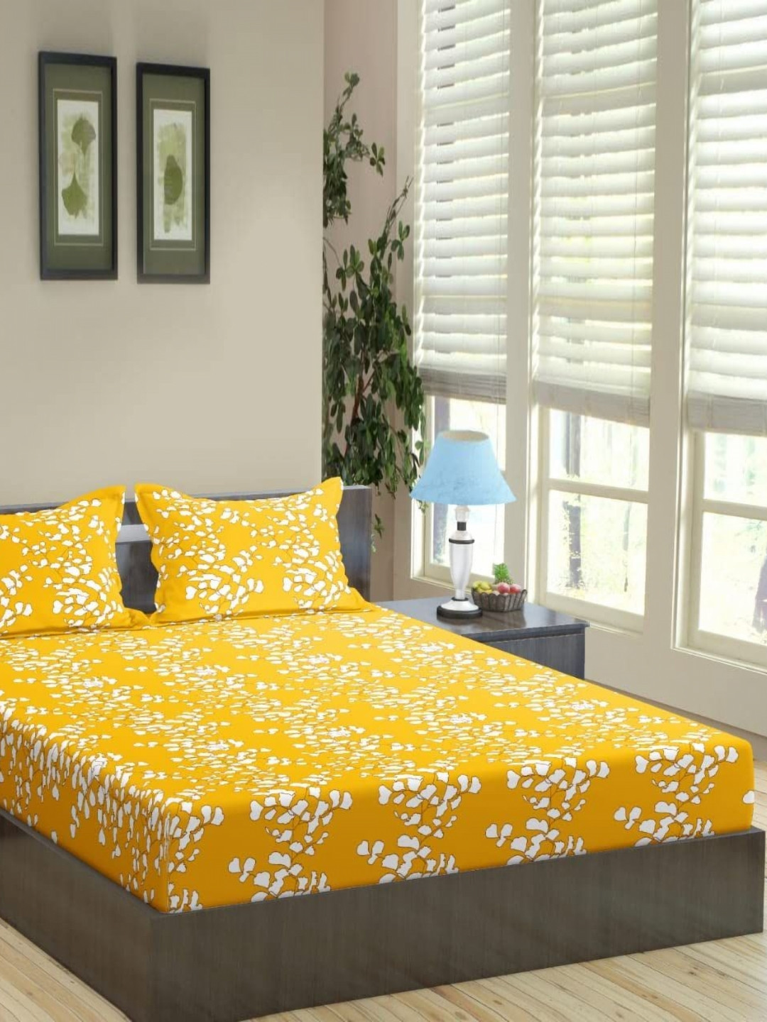 Trance Home Linen Yellow Leaf Cotton 200 TC Fitted Double Fine Bedsheet with a Pillow Cover-60 x 100 inches