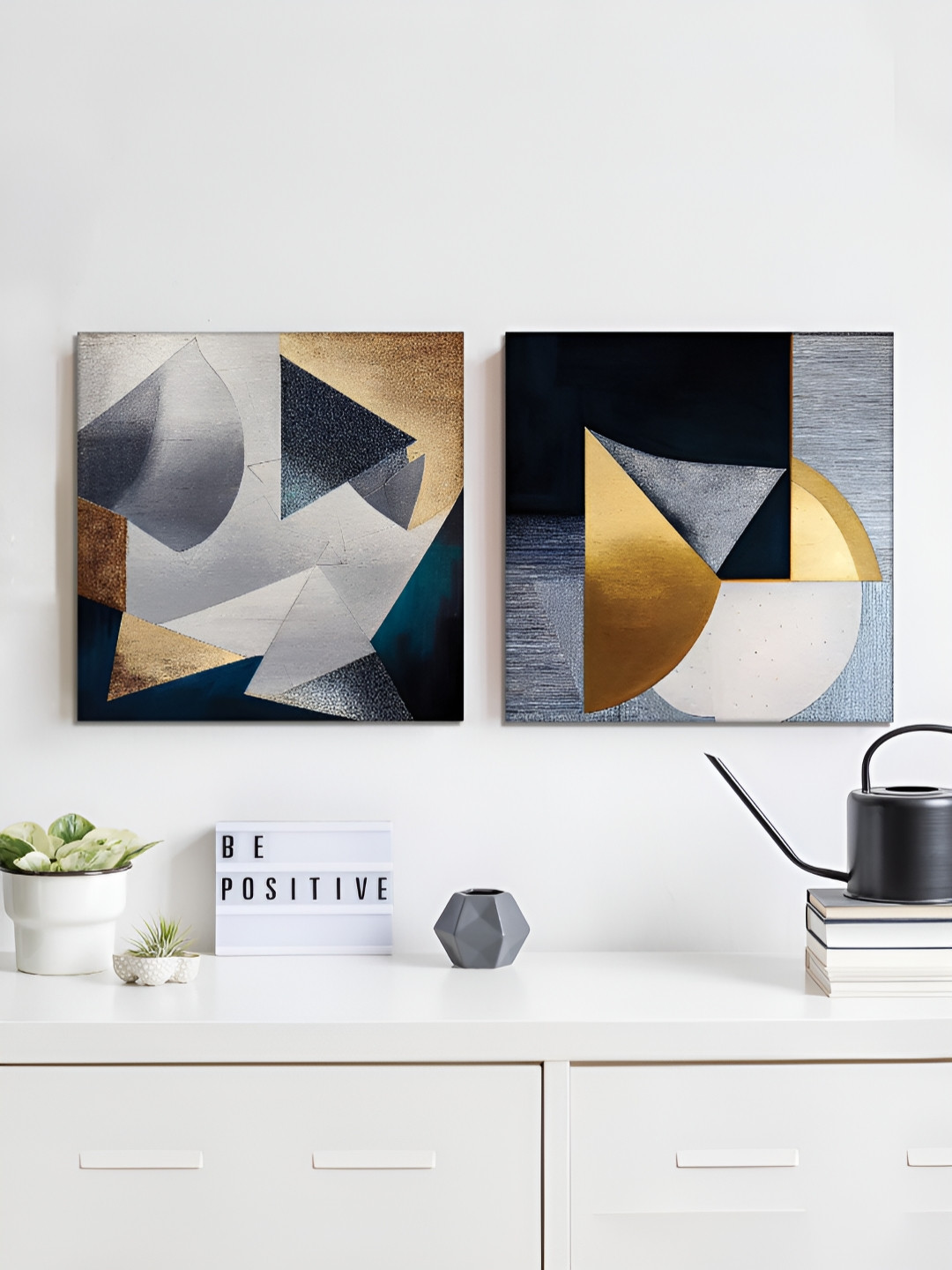 RANDOM Black & Gold-Toned 2 Piece Geometric Printed Canvas Wall Paintings