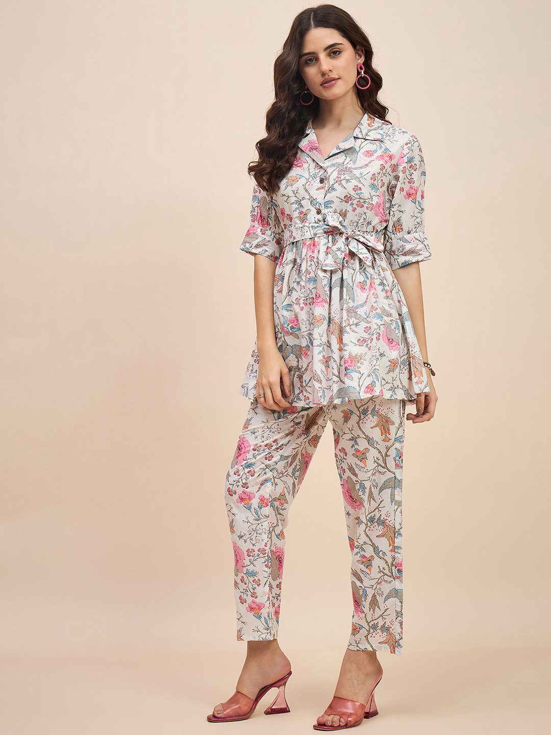 TRUVON FASHIONS White & Pink Printed Tunic & Trousers Co-Ord