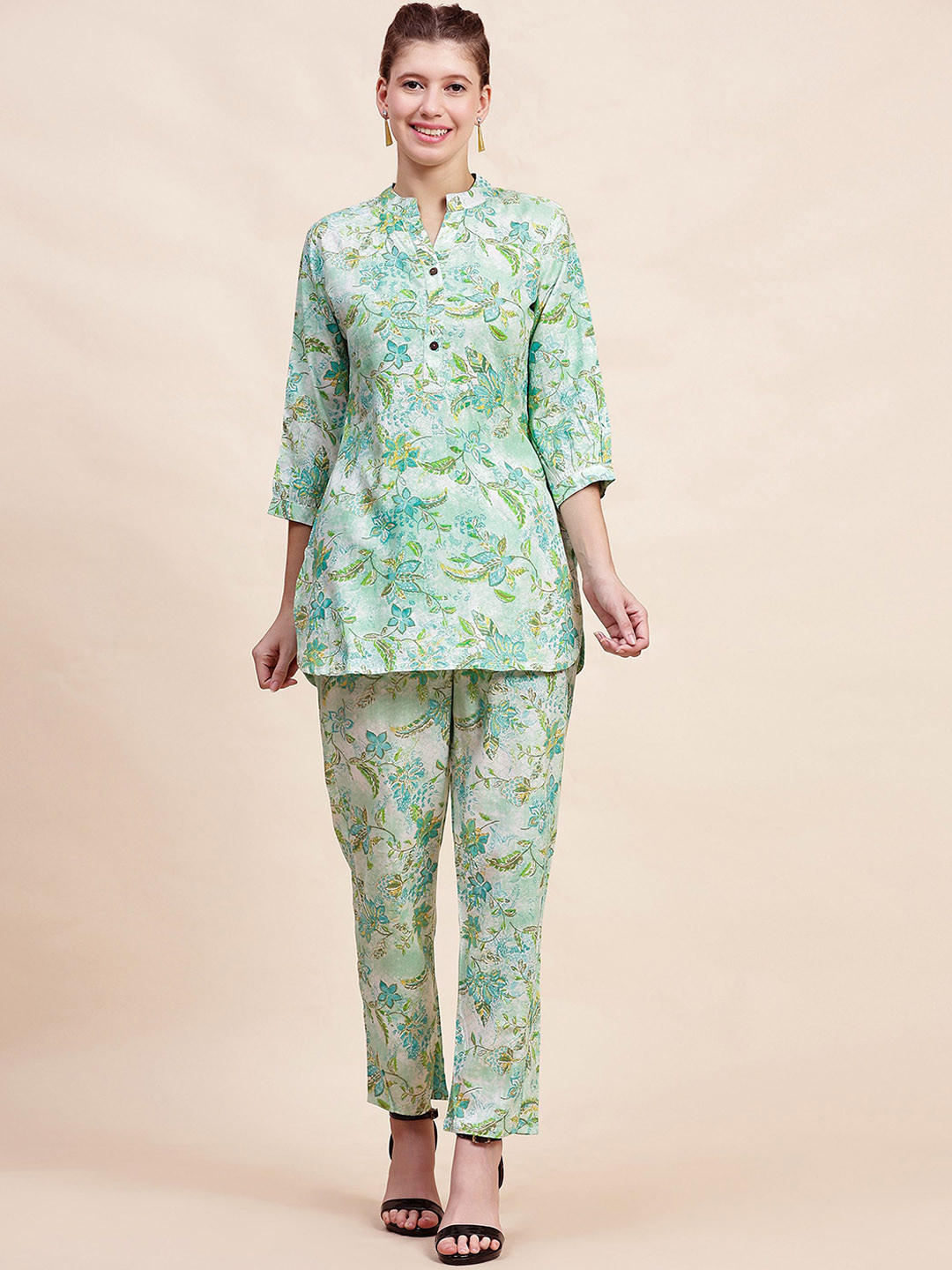 Sea Green Floral Printed Mandarin Collar Tunic & Trousers
