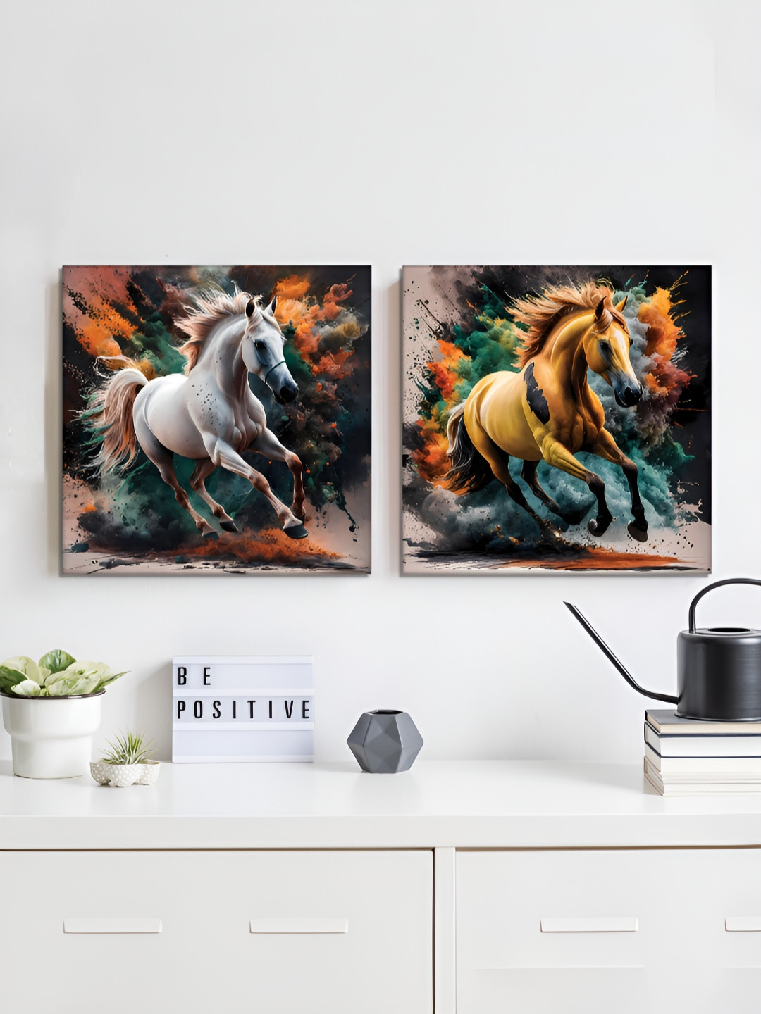 RANDOM Green & Orange-Coloured 2 Pieces Horses Canvas Wall Art