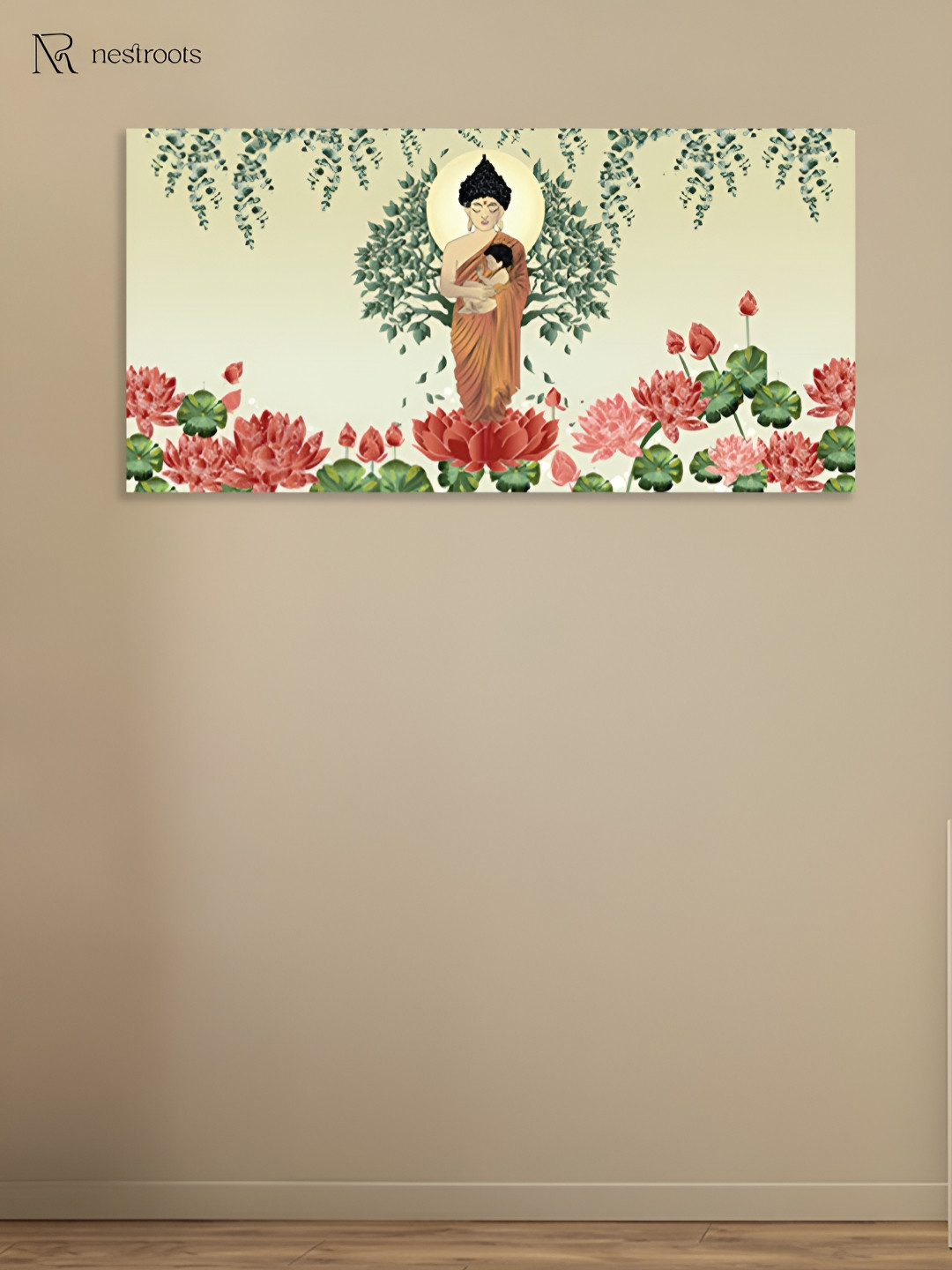 nestroots Cream-Coloured Buddha Symbolized Naturing and Care Canvas Wall Painting