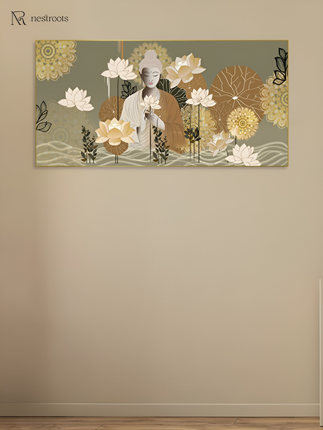 nestroots Green & Brown Serene Depiction Of Buddha Care Canvas Painting Wall Art