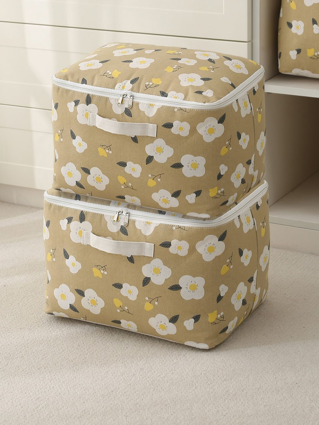 HOKIPO Brown & White 2 Pieces Floral Printed Water Resistant Cloth Organisers