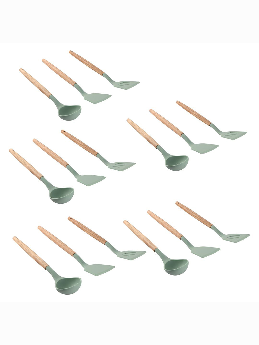 Kuber Industries Green & Beige 15 Pieces Silicone Nonstick Spatula Set With Wooden Handle