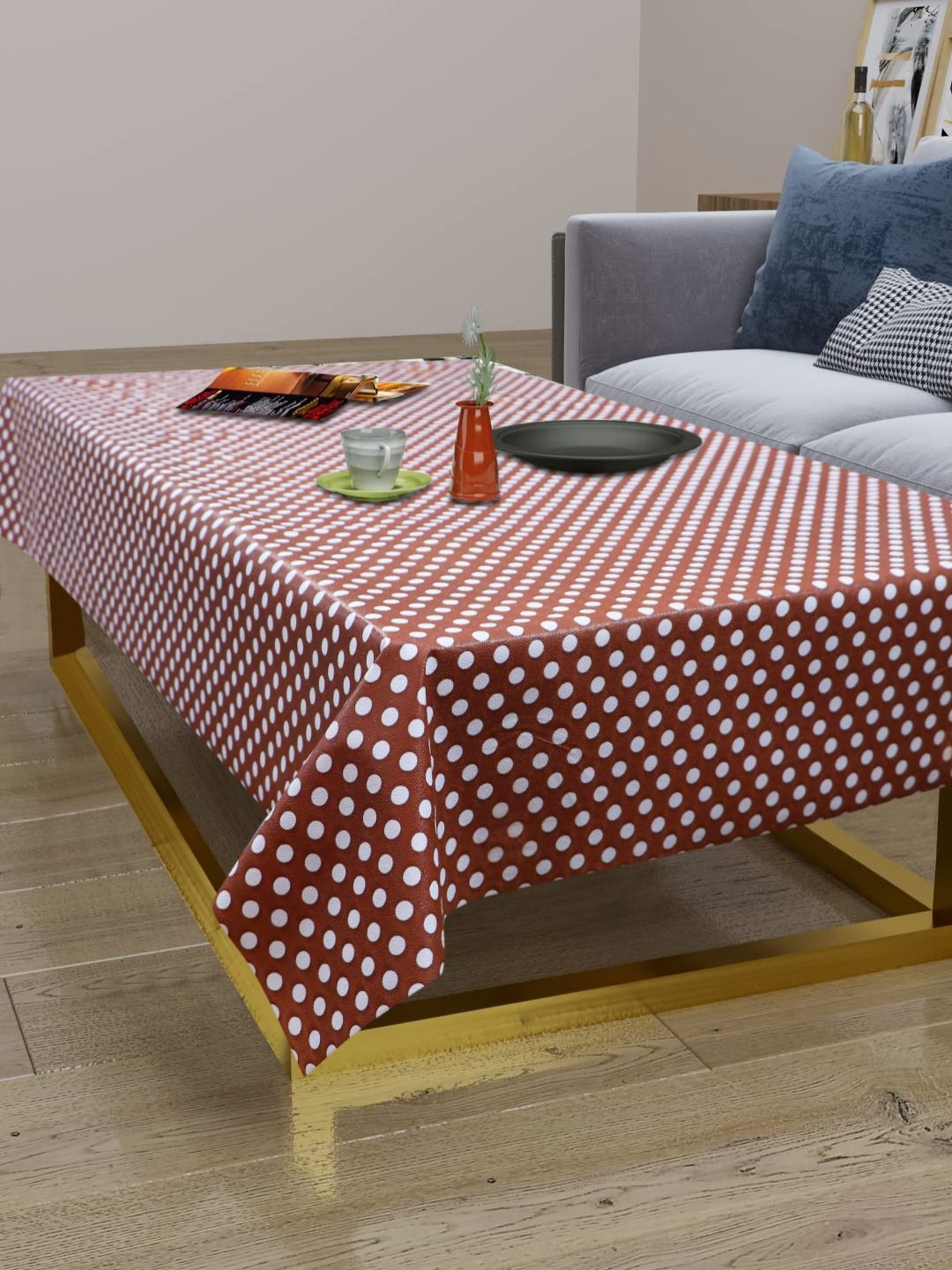 LooMantha Brown & White Polka Dot Printed Waterproof 2-Seater Table Cover