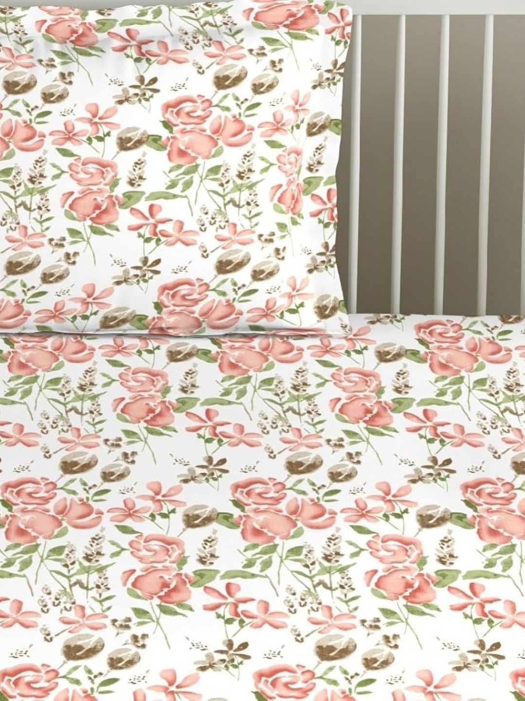 Trance Home Linen White Floral Cotton 180 TC Single Fine Bedsheet with a Pillow Cover-60 x 100 inches