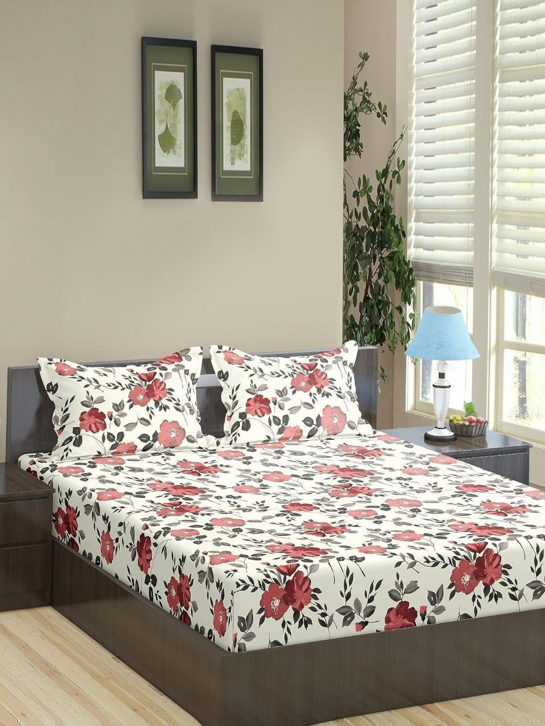 Trance Home Linen White Floral Cotton 180 TC Double Fine Bedsheet with a Pillow Cover-60 x 100 inches