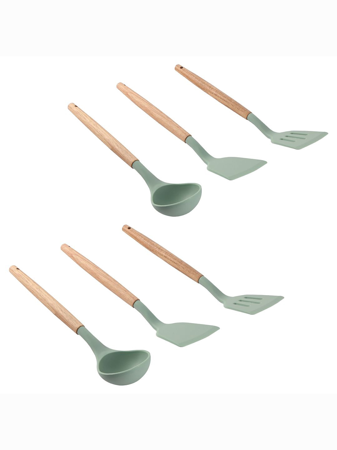 Kuber Industries Green & Brown 6 Pieces Silicone Nonstick Spatula Set With Wooden Handle