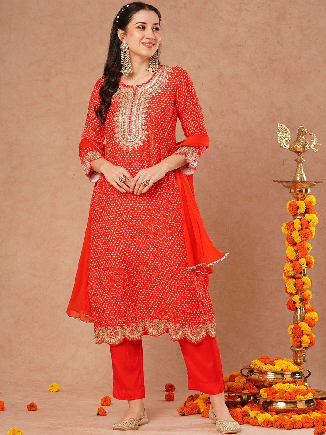 FASHOR Orange Bandhani Printed Regular Sequinned Kurta With Trouser With Dupatta