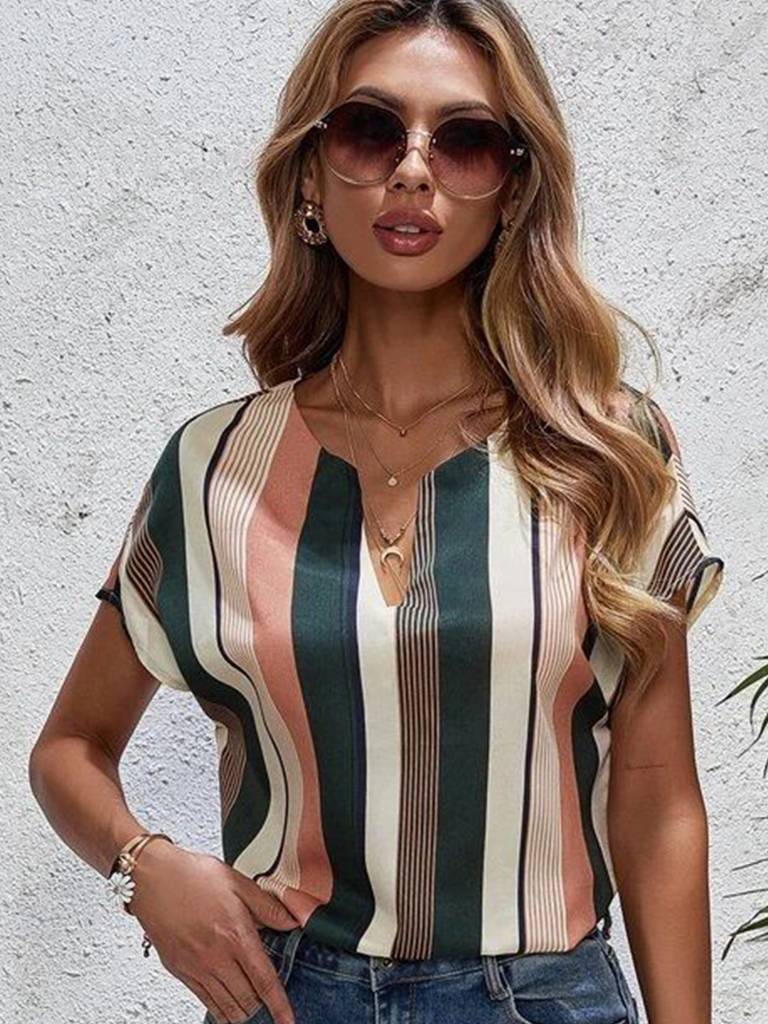 Stylecast X Slyck Striped Pattern Extended Sleeves Top