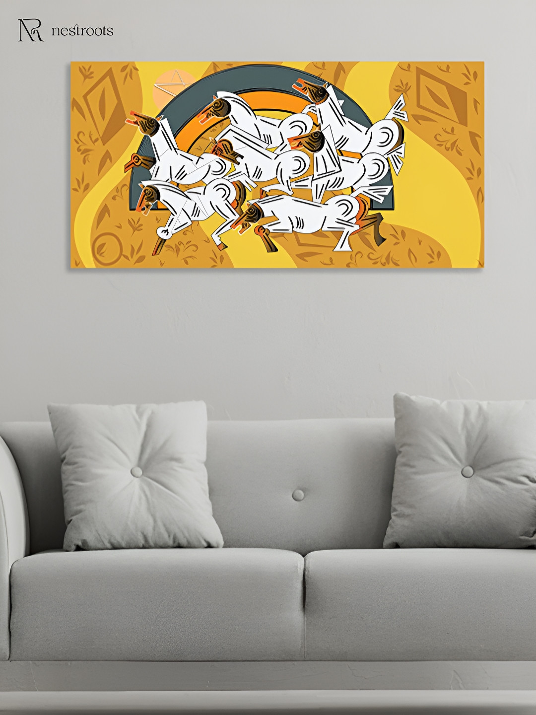 nestroots Yellow & White Seven Horse Canvas Painting Wall Art