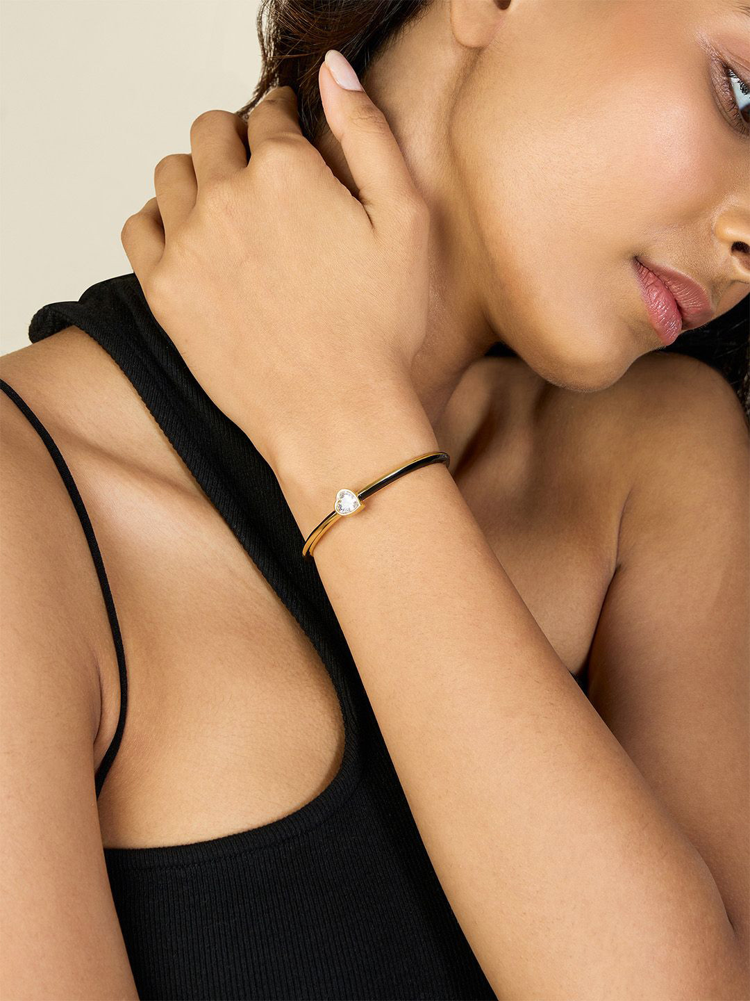 Isharya Black Sweet Heart Gold Plated Cubic Zirconia Studded Cuff Bracelet