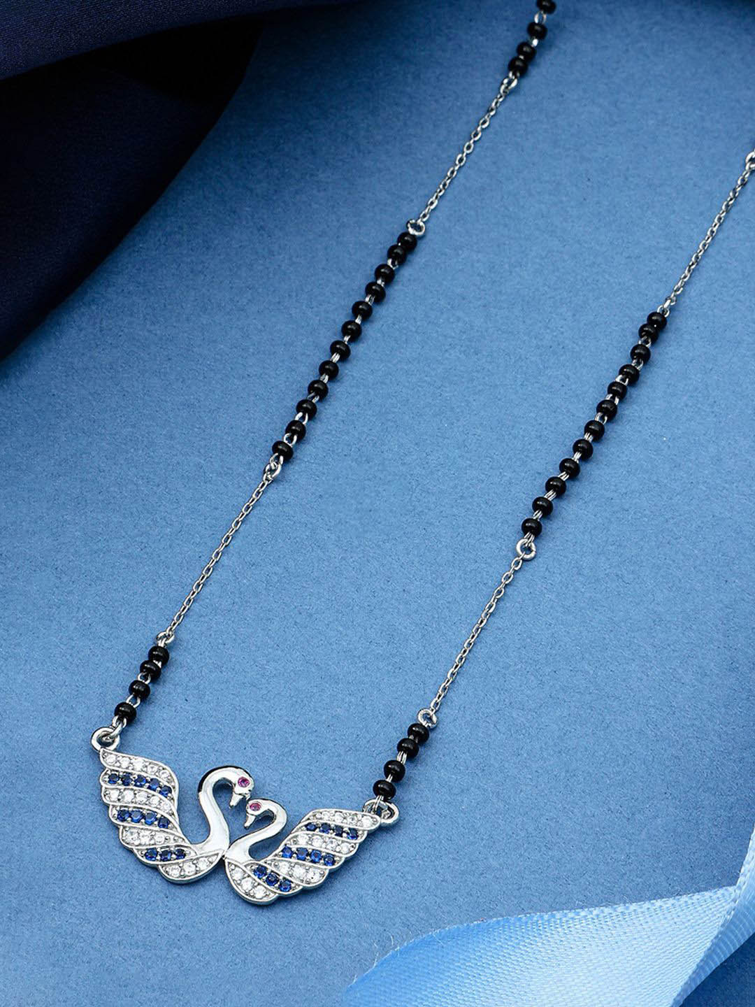MAIRA Silver-Plated 925 Sterling Silver Swan Design Crystals & Beaded Mangalsutra